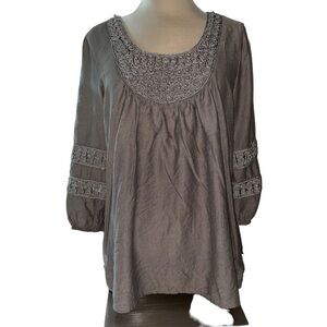 Krazy Kat blouse loose fit deep neckline w/pearls & embroidery 3/4 sleeve Sz LG